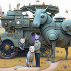 Whimsical scene with mechanical elephant, person, and cats in dreamy landscape