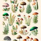 Detailed Vintage-Style Scientific Art of Labeled Mushrooms and Plants