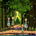 Fantasy illustration of pink-haired girls in magical forest.