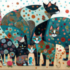 Vibrant Stylized Cats and Floral Patterns Artwork