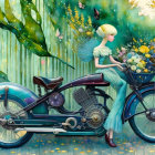 Surreal illustration: Woman in blue dress on stylized motorcycle in vibrant flower-filled forest