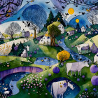 Countryside scene with cows, vibrant flora, stream, fences, sun, and moon