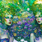 Ethereal women with ornate headpieces in vibrant green skin amid surreal backdrop.