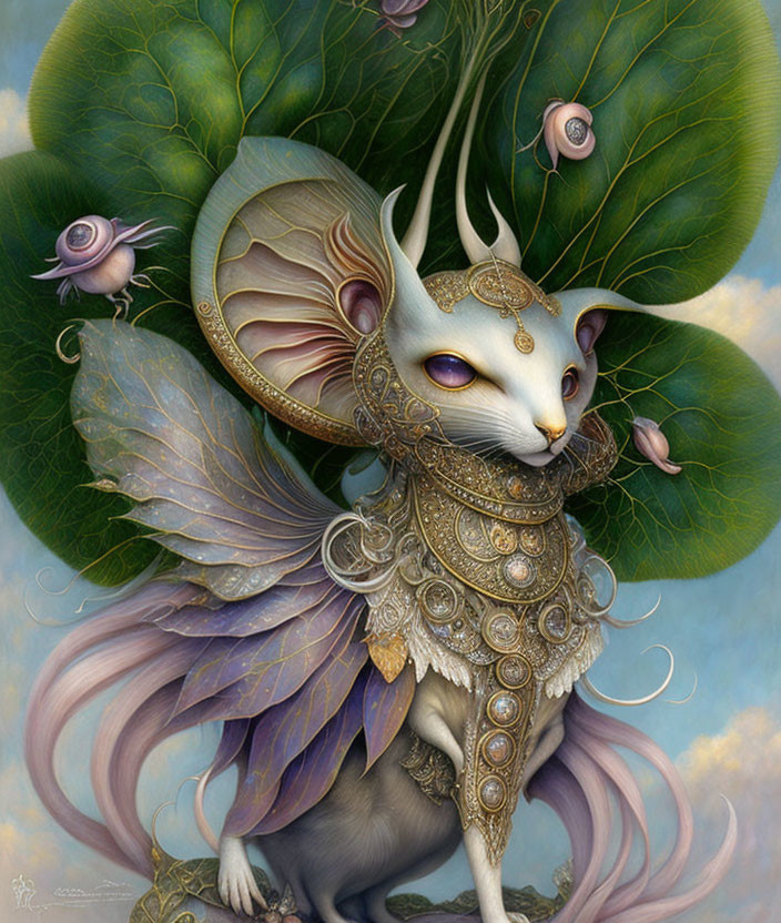 Regal white mouse in golden armor with wings among green leaves and pink flowers