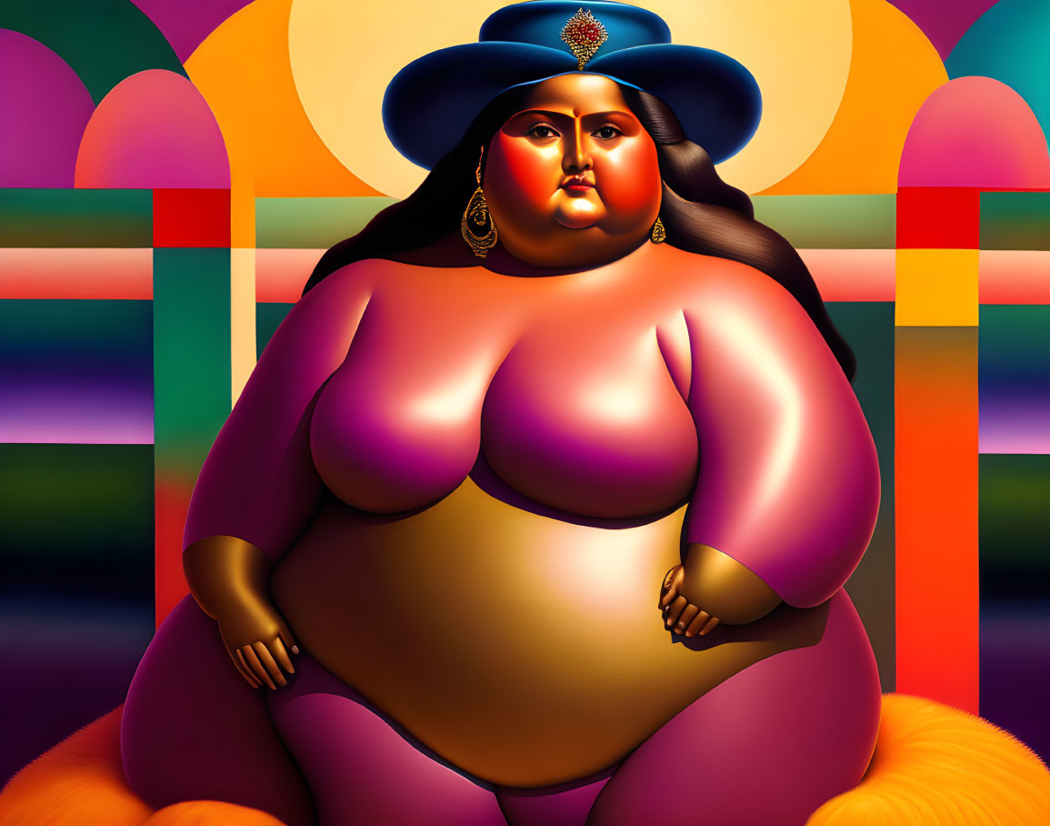 Colorful illustration of voluptuous woman with hat on bold geometric background