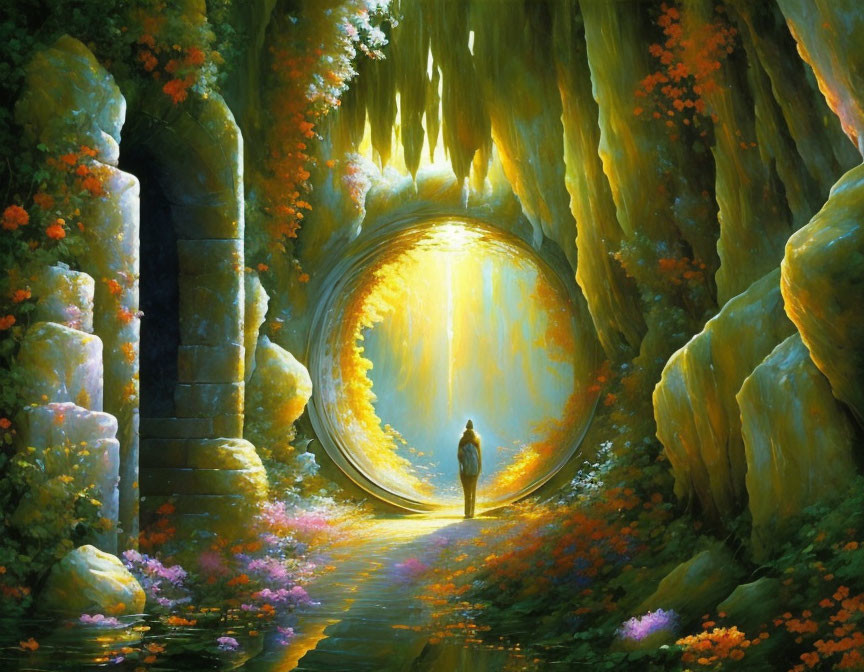 Person in front of luminous circular portal in rocky passageway with vibrant flowers and warm light