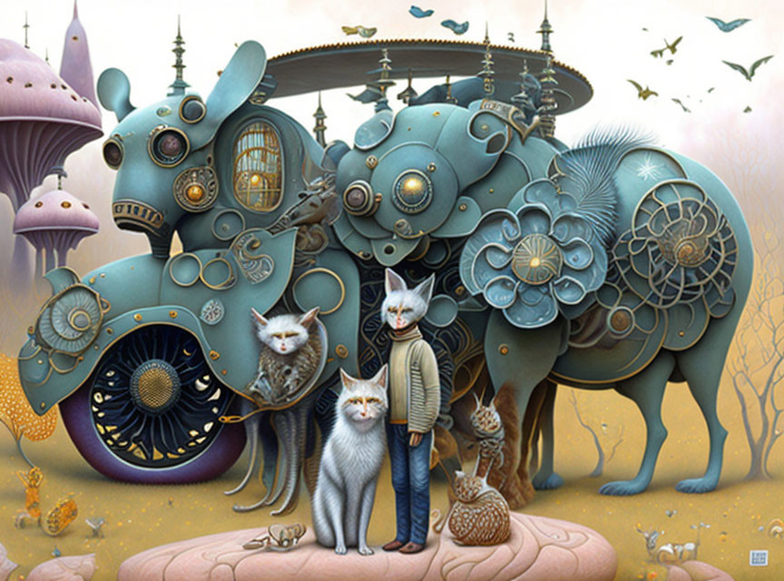 Whimsical scene with mechanical elephant, person, and cats in dreamy landscape