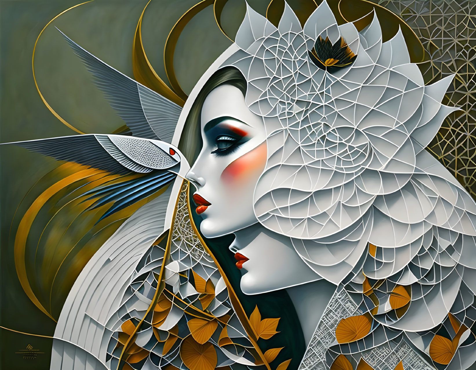 Stylized digital art: Woman with floral and geometric designs and bird