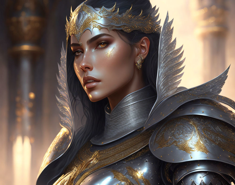 Regal Female Figure in Silver and Gold Armor with Crown