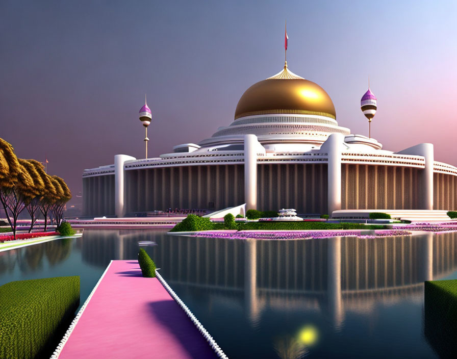 Golden-domed building with white pillars by water and gardens, pink carpet at twilight