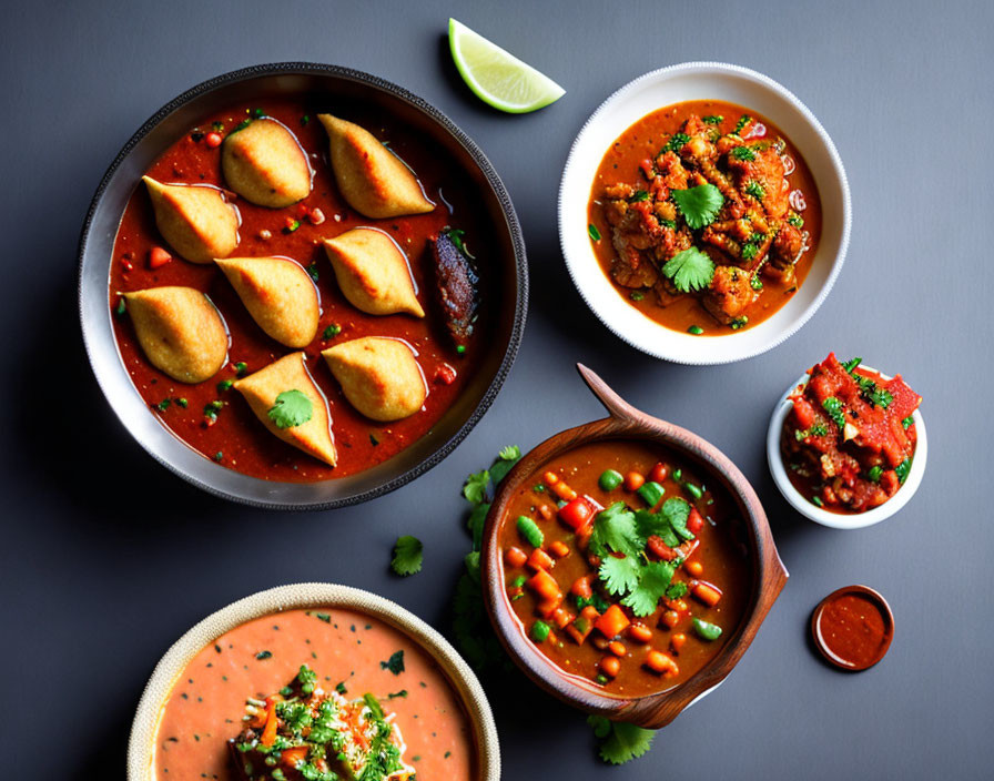 Indian cuisine: samosas, curry, lentil dish with cilantro, lime, and chut