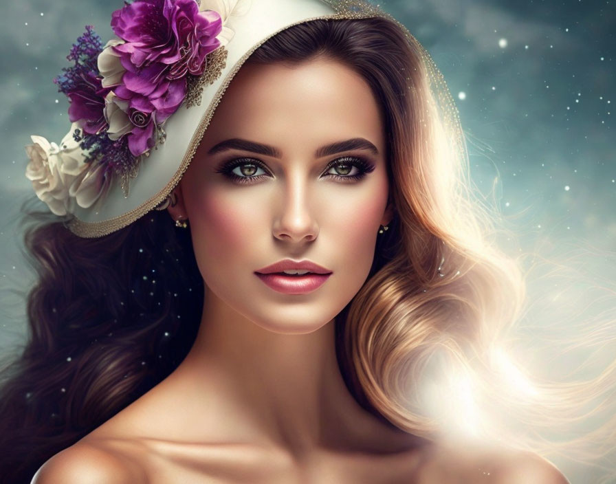 Digital portrait of woman with floral hat, flawless makeup, long hair, starry backdrop