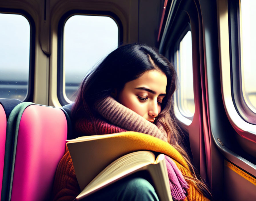 Woman reading book on train with scarf, colorful seats, and window light