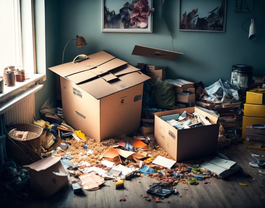 Cluttered Room with Open Cardboard Boxes and Messy Ambiance