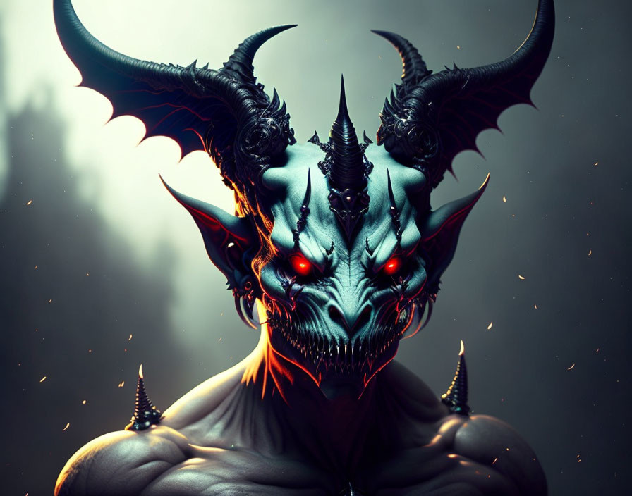 Sinister creature with horns and glowing eyes on dark background