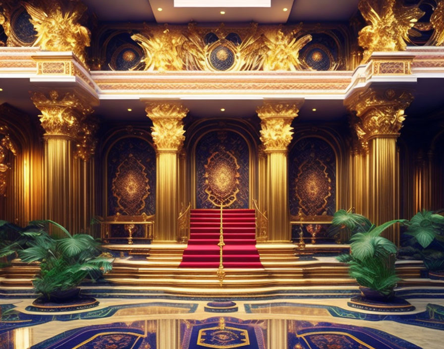 Luxurious Room with Gold Pillars, Red Carpeted Staircase, Ornate Patterns, and