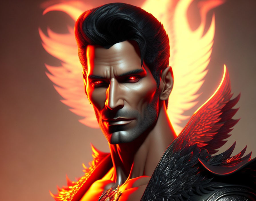 Stylized male figure with red glowing eyes and fiery angelic wings