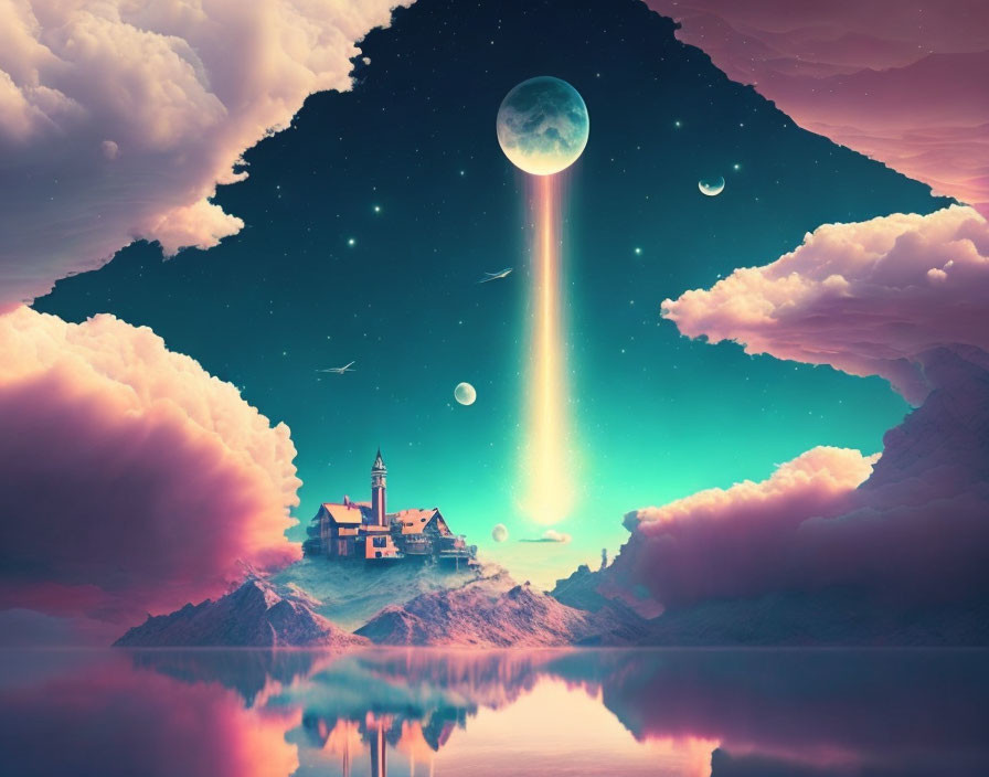 Surreal landscape with castle on island under starry sky