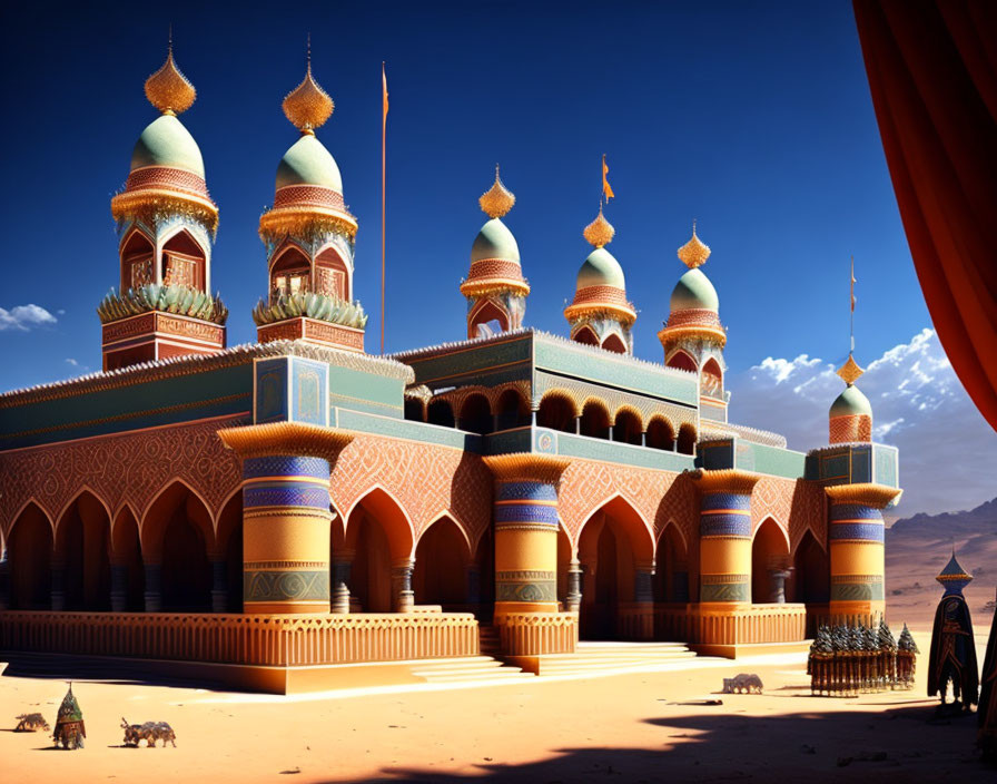 Colorful Desert Palace with Domes and Camels