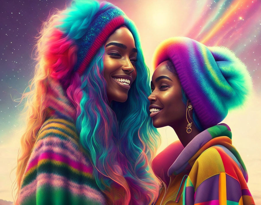 Smiling individuals with rainbow hair in cosmic background