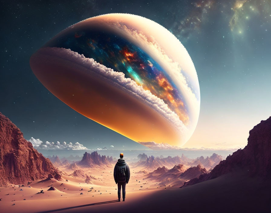 Person standing on rocky desert landscape gazing at surreal colorful planet and nebulas in sky