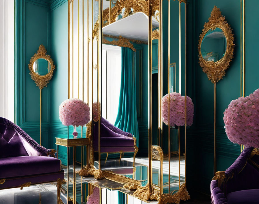 Luxurious Teal, Gold, Purple, and Pink Room Decor with Vertical Gold-Piped Mirror Setup