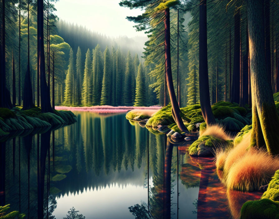 Tranquil forest scene: tall trees, calm lake reflection, soft light, vibrant green moss.