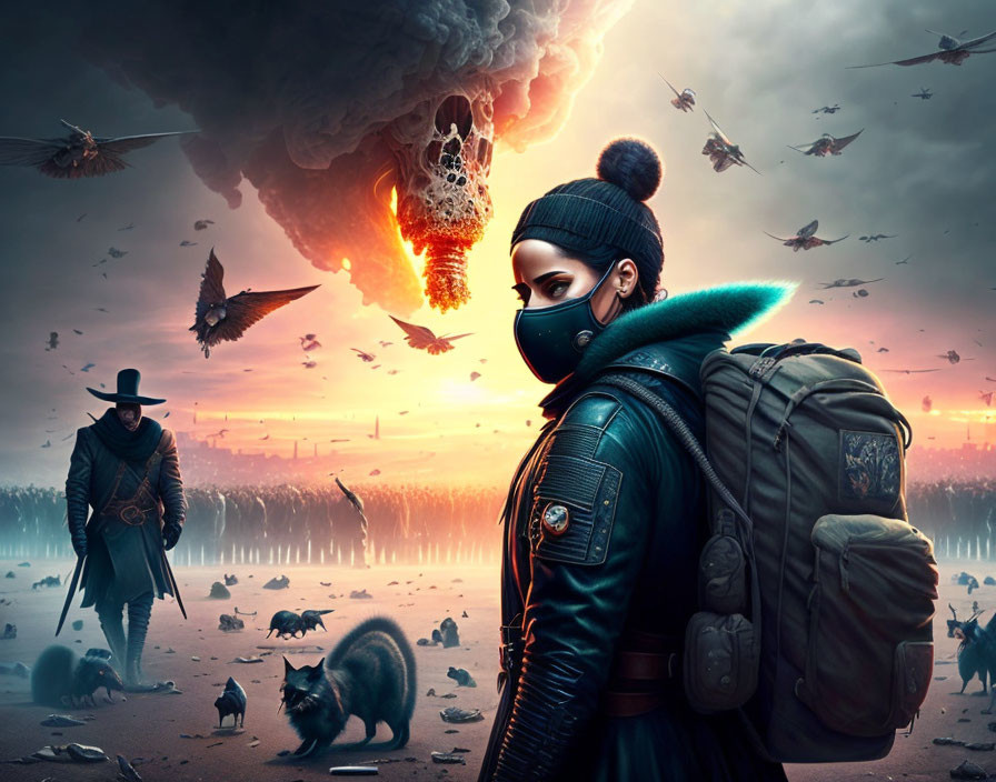 Masked person in dystopian setting faces fiery explosion with birds and silhouette.