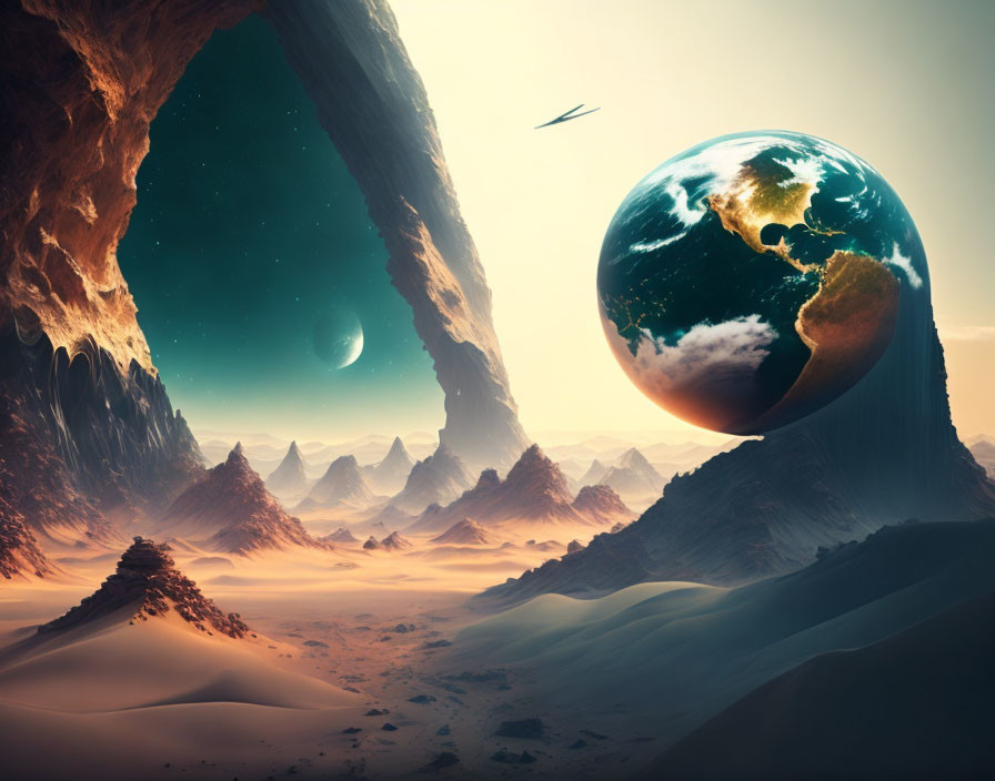 Alien desert landscape with Earth-like planet and rock arch under crescent moon