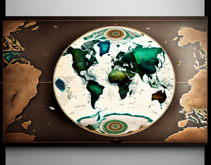 Vintage World Map in Oval Frame with Dark Background and Gold Accents