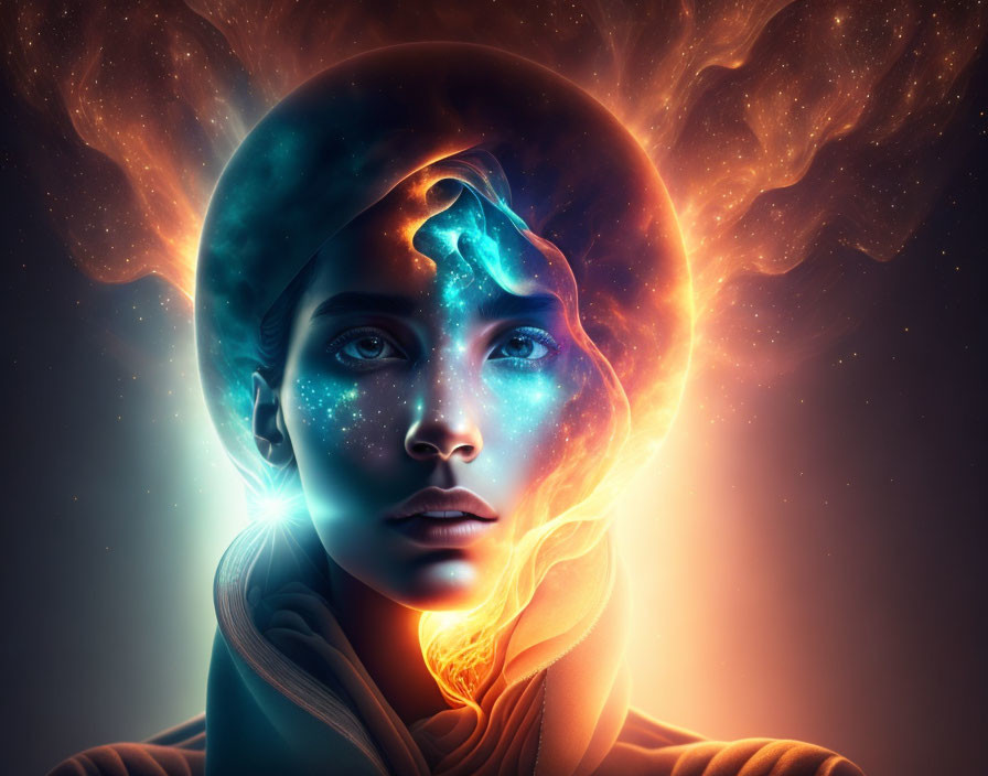 Surreal portrait of woman with cosmic glow and brain silhouette.