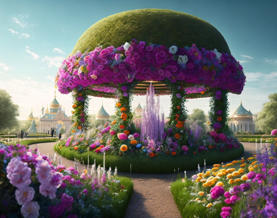 Floral garden pavilion with colorful blooms and classical buildings in the background