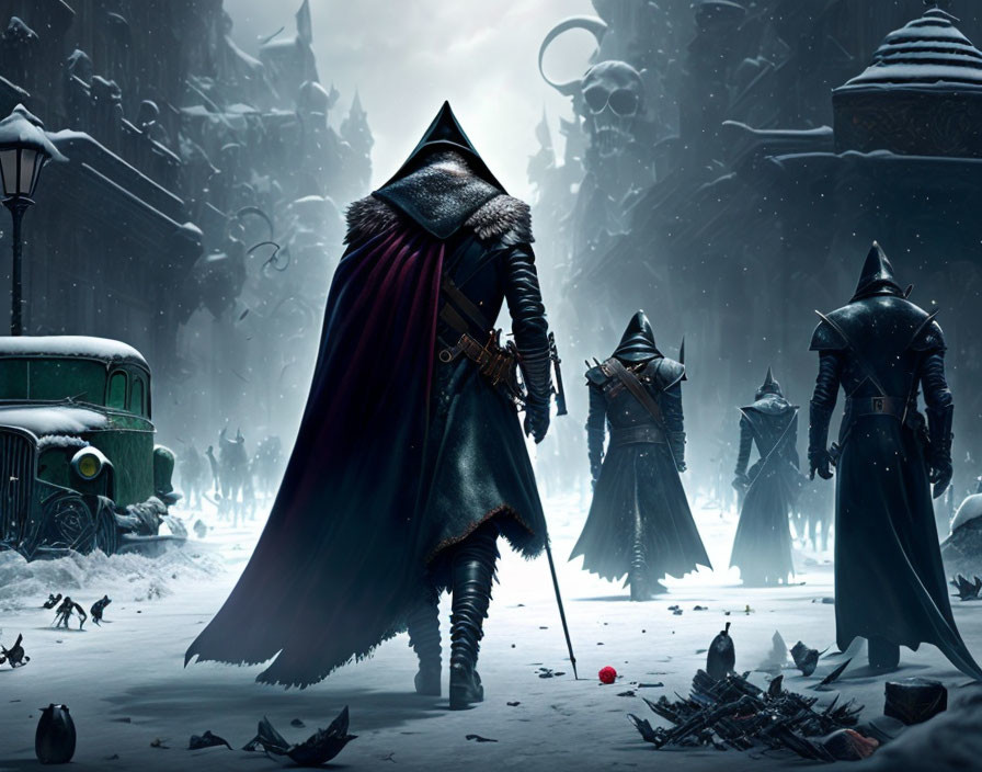 Three cloaked figures in armor in snowy, post-apocalyptic city with derelict cars.