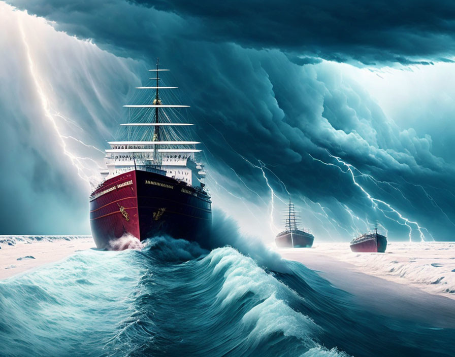 Ships in stormy seas with towering waves and lightning