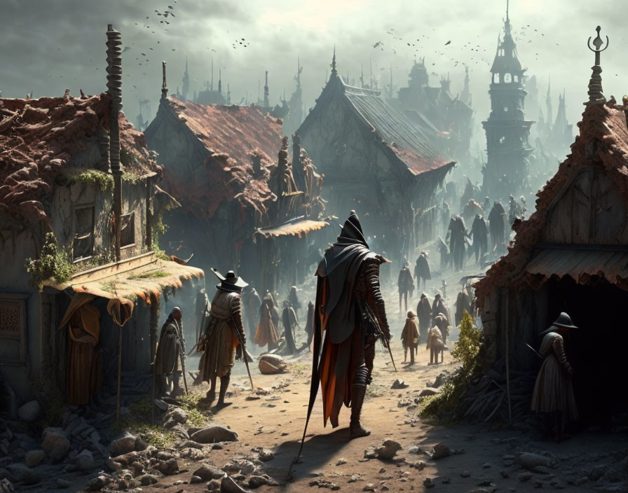 Cloaked figure in medieval-style marketplace with thatched huts