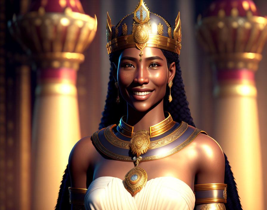 Dark-skinned woman in golden crown and jewelry against regal backdrop