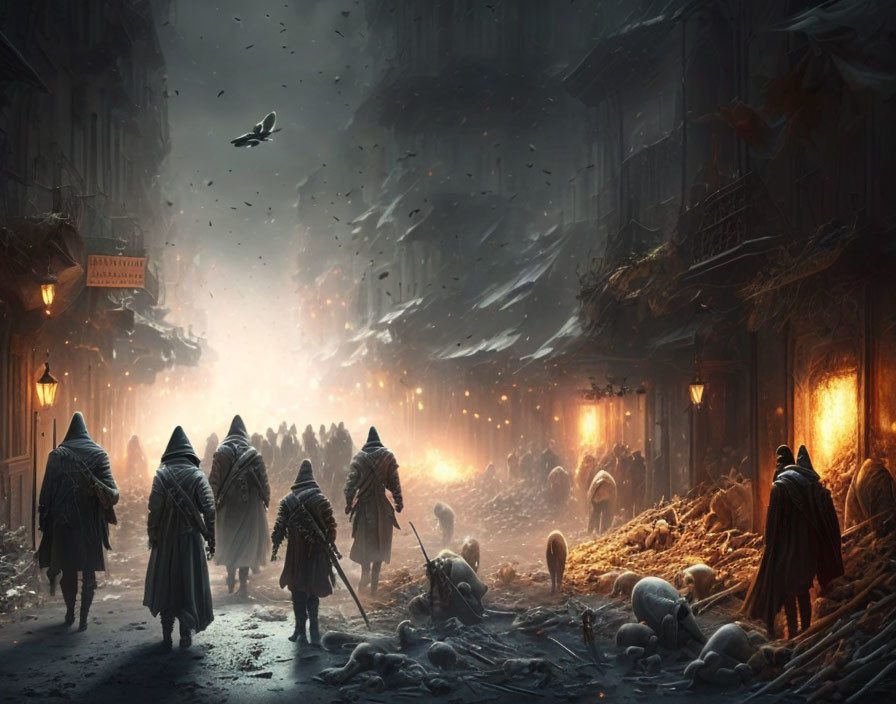 Robed Figures Walking on Dystopian Street with Skulls and Birds