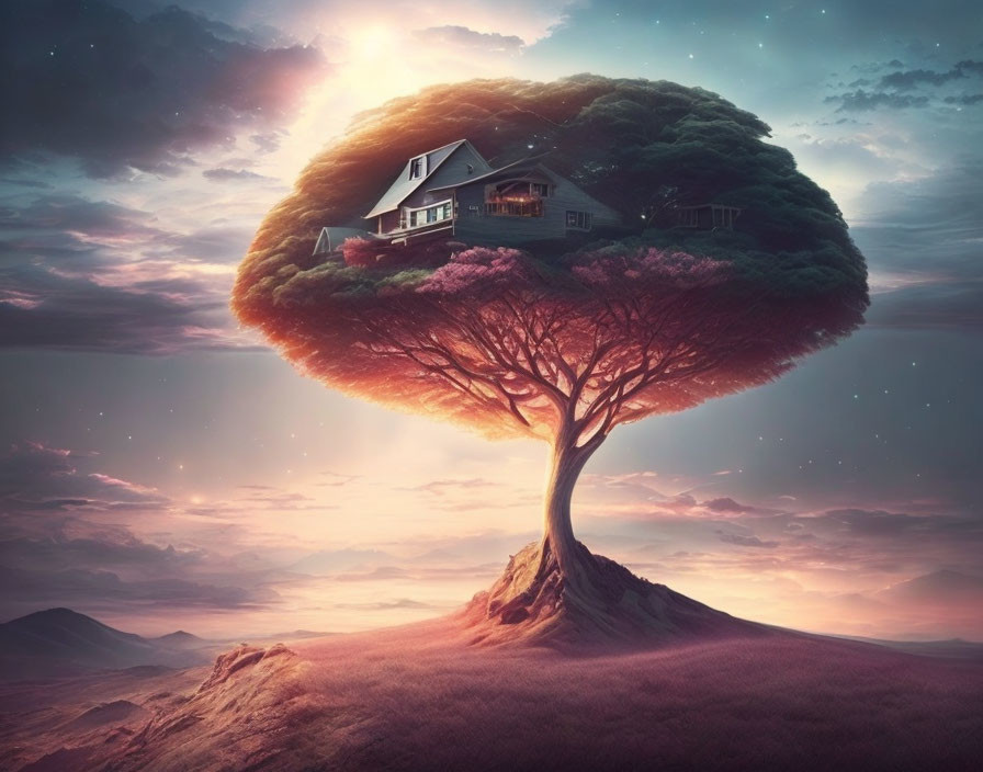 Fantastical image of house on giant tree under twilight sky