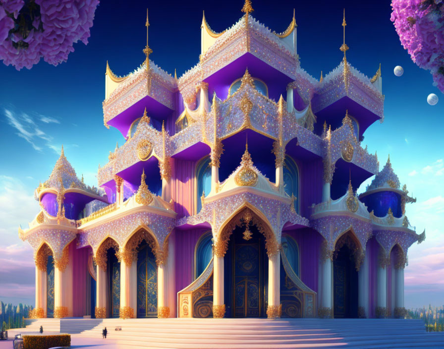 Palace with Purple and Gold Architecture in Twilight Landscape