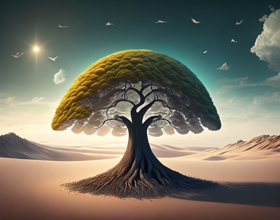 Surreal desert landscape with unique tree and flying birds