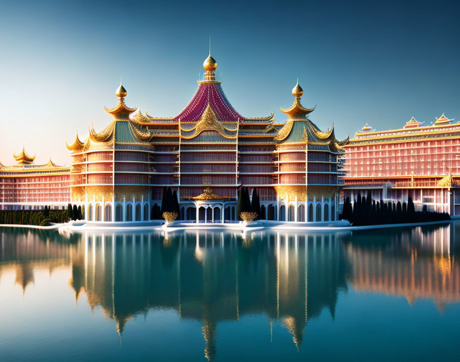 East Asian Style Building with Tiered Roofs and Reflecting Pool