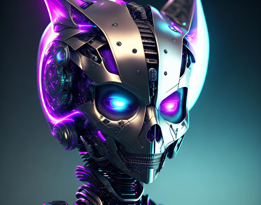 Detailed futuristic robot head with glowing blue eyes and intricate mechanical components on a dark blue background