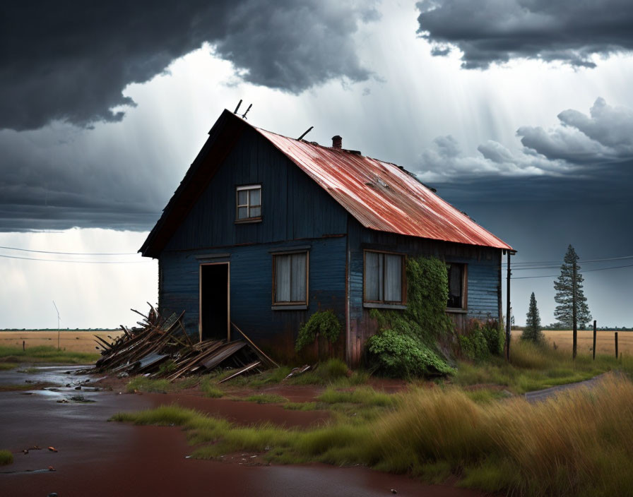 Abandoned blue house with rusted red roof in stormy setting