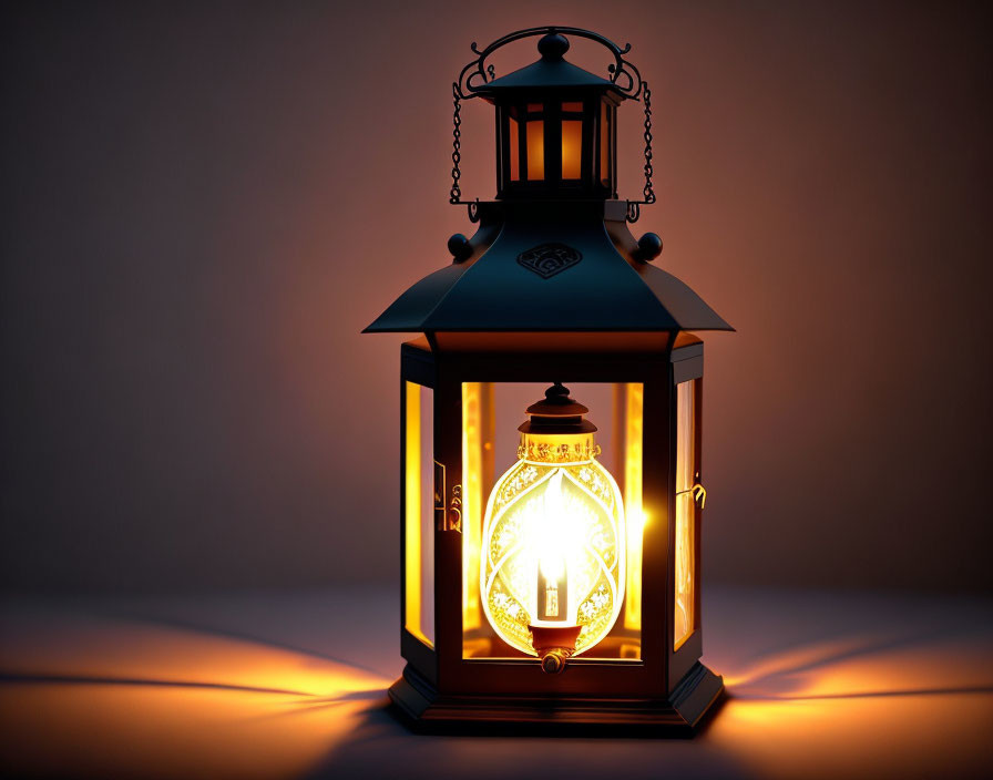 Vintage lantern with glowing bulb on dusky background