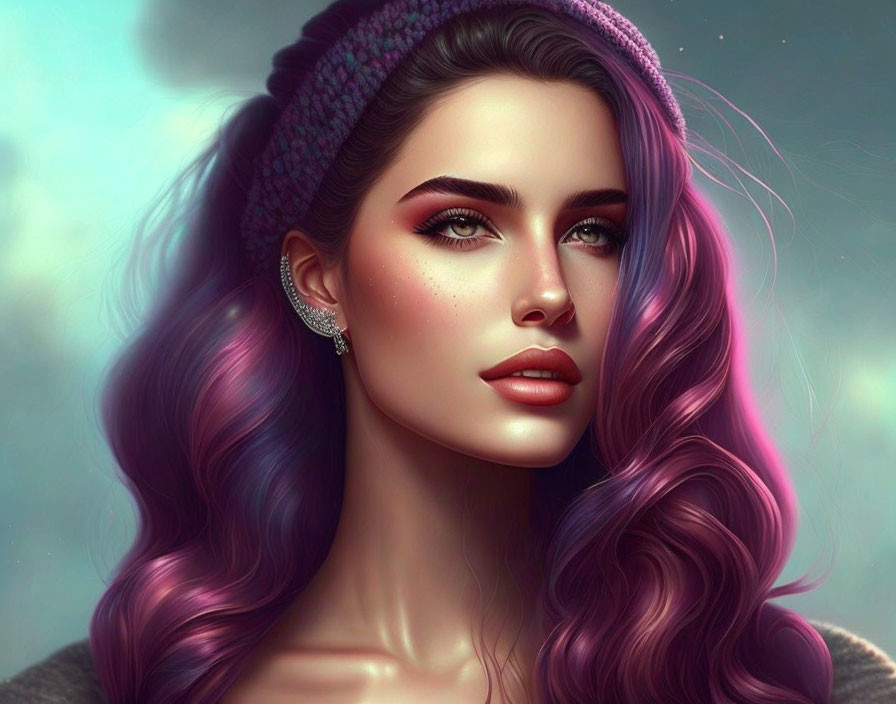 Digital artwork: Woman with violet hair, purple beanie, sparkling earring, green eyes, pink