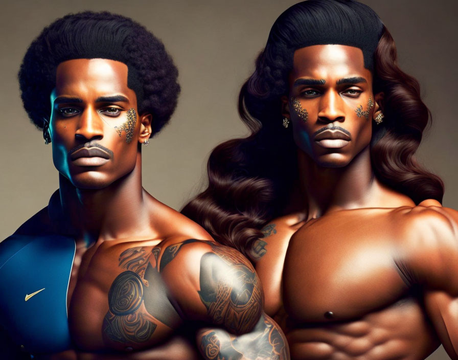 Stylized afro hairstyles, artistic makeup, tattoos, metallic facial jewelry on two individuals posing against