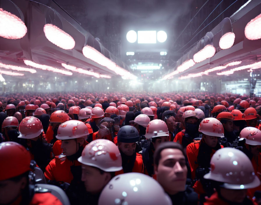 Crowded scene of people in red helmets under glowing lights