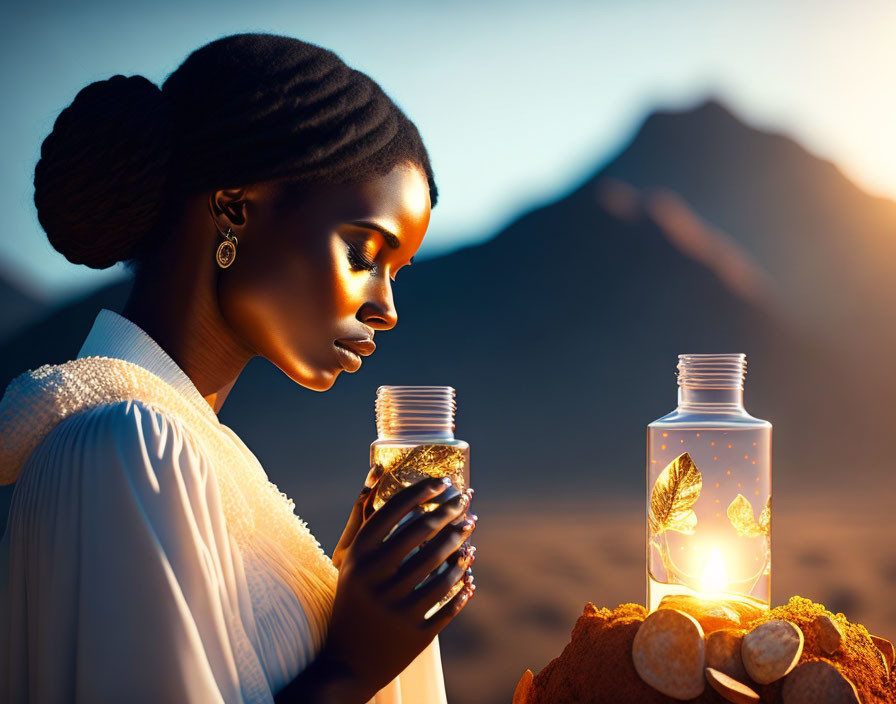 Woman holding glowing bottle in serene desert sunset