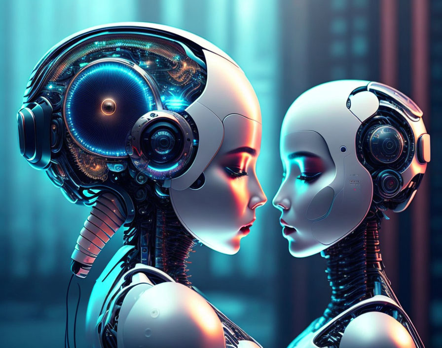 Detailed humanoid robots with intricate head designs on cybernetic blue background