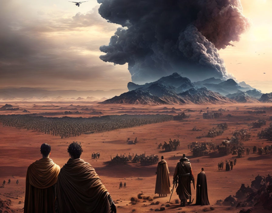 Cloaked figures observe desert scene with volcano eruption.